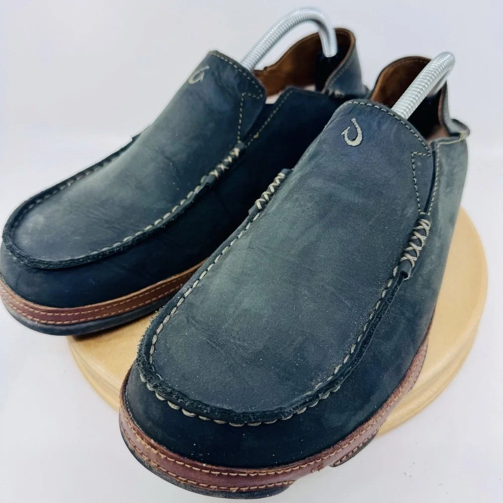OluKai Moloa Slip On Shoes Mens 10 Black Waxed Leather Wool Lined Loafers